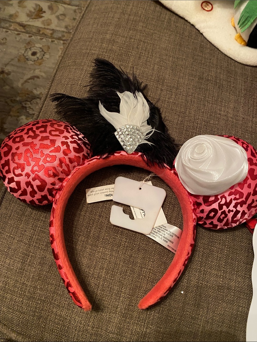 Disney Pink Leopard Print Minnie Ears Headband with White Rose & Feather